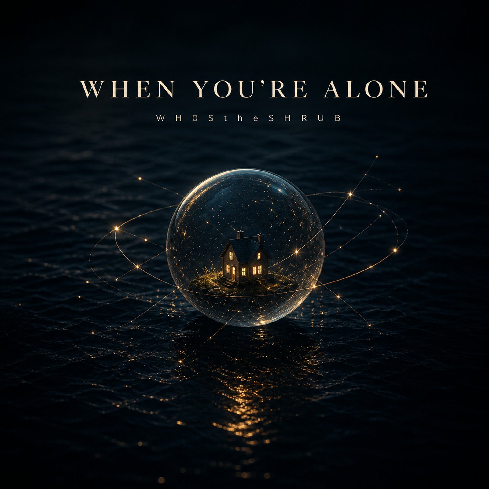When You’re Alone cover art: a warmly lit house inside a glass sphere over dark water